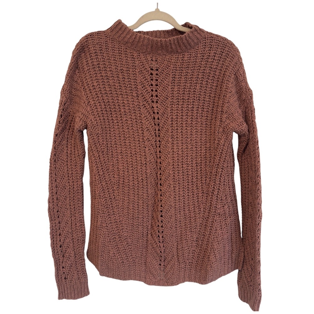 Lucky Brand Women XS Mauve Pink Pointelle Mock Neck Chunky Knit Sweater Pullover